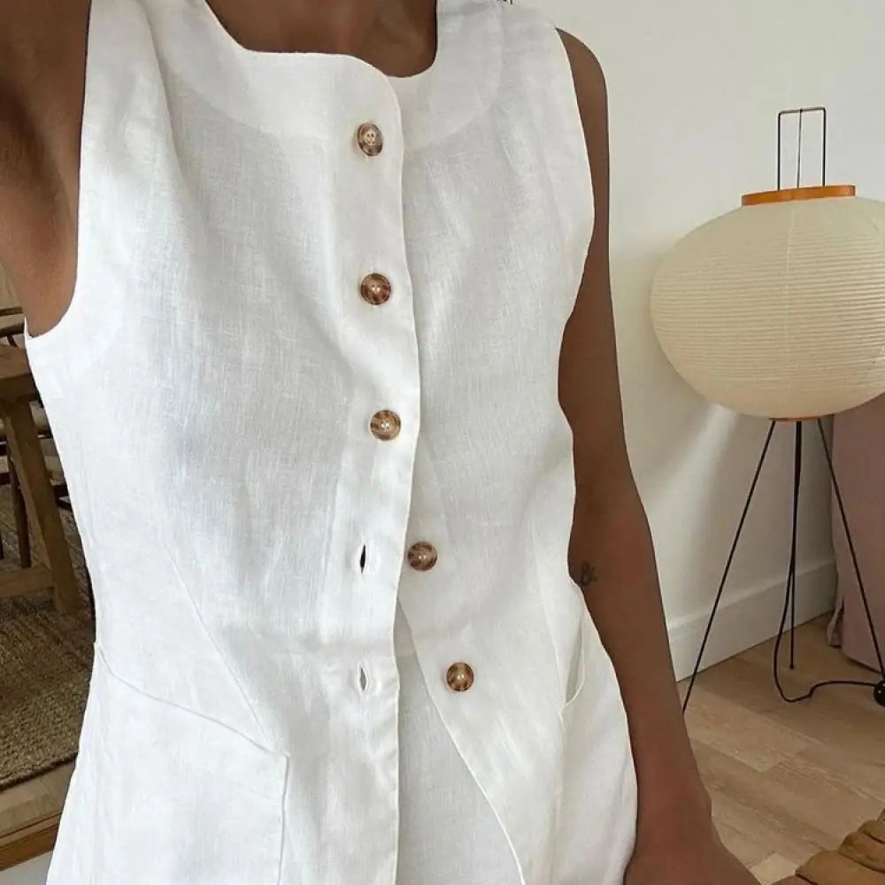 MQTIME - Women Vintage Buttons Vest Set Fashion Sleeveless Square Collar Waistcoat Blouse White High Waisted Skirt Commuting Work Clothes