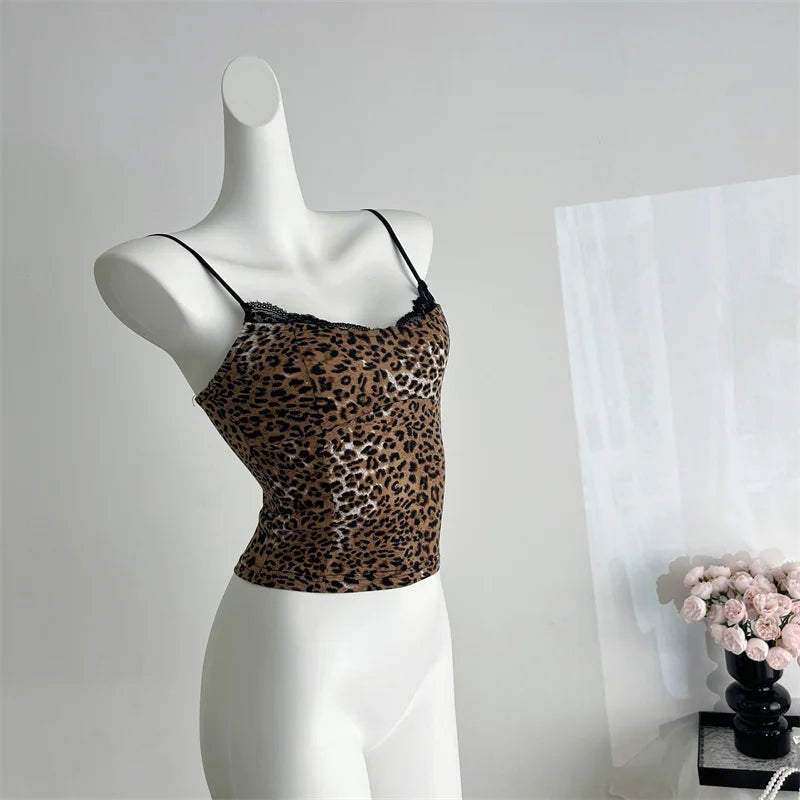 nvxiot - Small leopard print top, slim fit, sexy, sweet girl, short suspender, fashionable and versatile, new spring/summer 2024