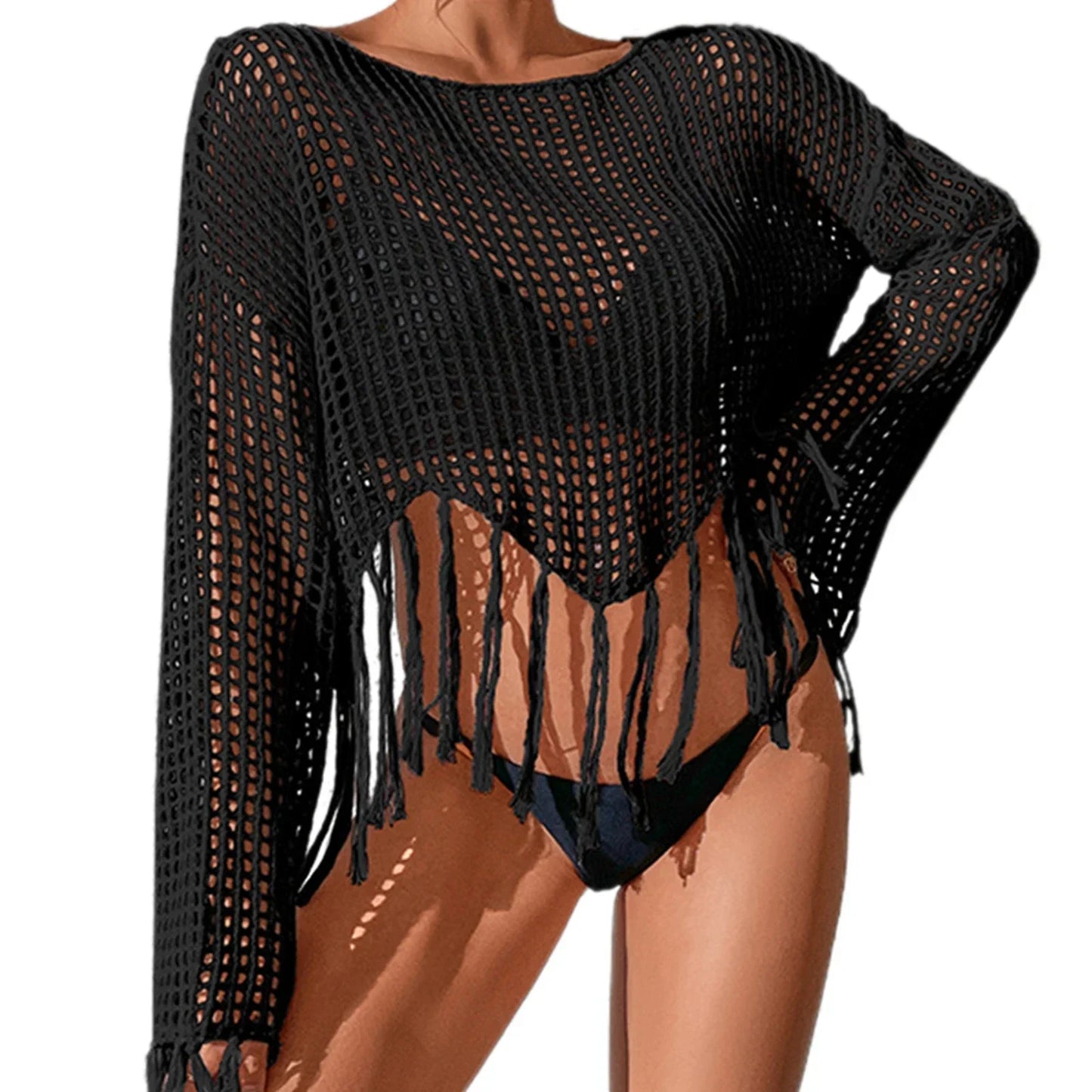 MQTIME - See Through Hollow Out Bikini Cover Ups Women Beachwear Flared Long Sleeve Tassel Smock Crop Tops Swimsuit Cover-Up