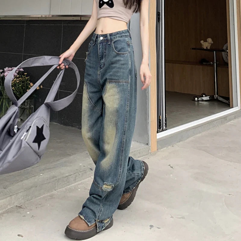 nvxiot Vintage Y2K Distressed Hole All Match Washed Jeans Women Summer New High Waist Bleached Loose Casual Wide Leg Pants