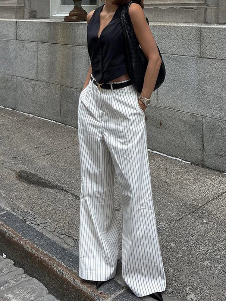 MQTIME - Spring Summer 2024 Women Striped Office Trousers High Waist Loose Wide Leg Flare Pants For Women