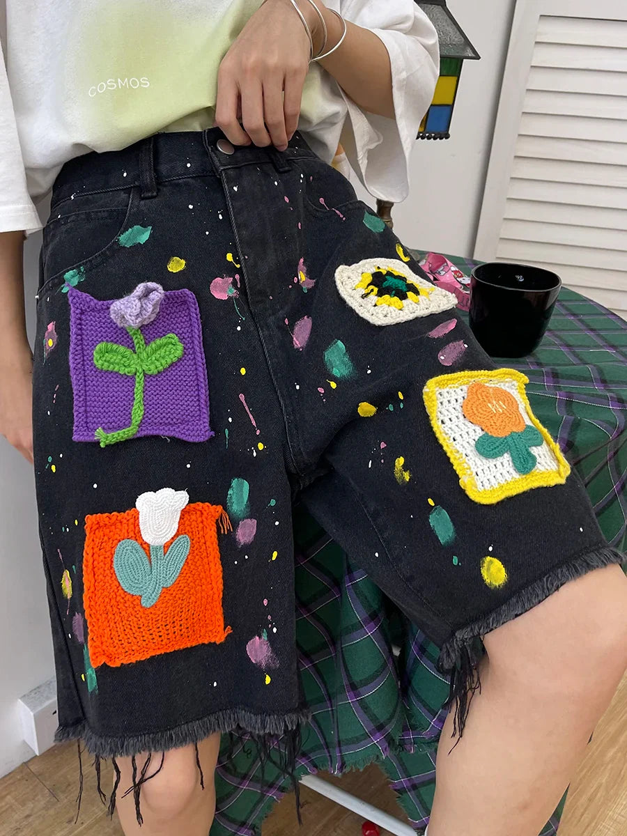 nvxiot - Knitted Floral Denim Short Pants Female Summer New Loose Casual Pants Tassel Design Vintage Fashion Short Para Mujeres
