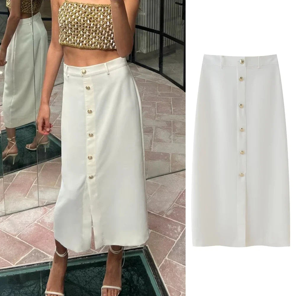 MQTIME - Women's 2024 Summer New Fashion Temperament High Waist Gold Button Decorated Midi Skirt 9878/106
