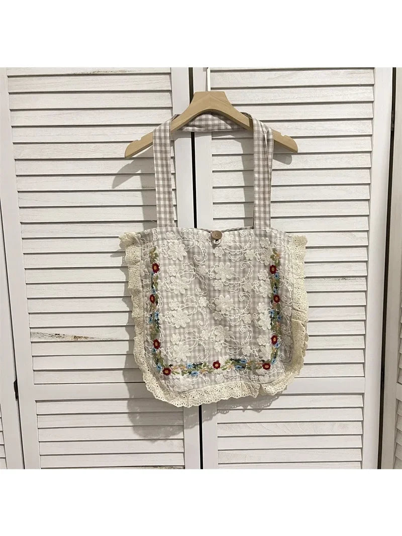 nvxiot - Women Vintage Plaid Lace Embroidery Single Shoulder Bags Totes Women's Soft Floral Cotton Large Capacity Bag