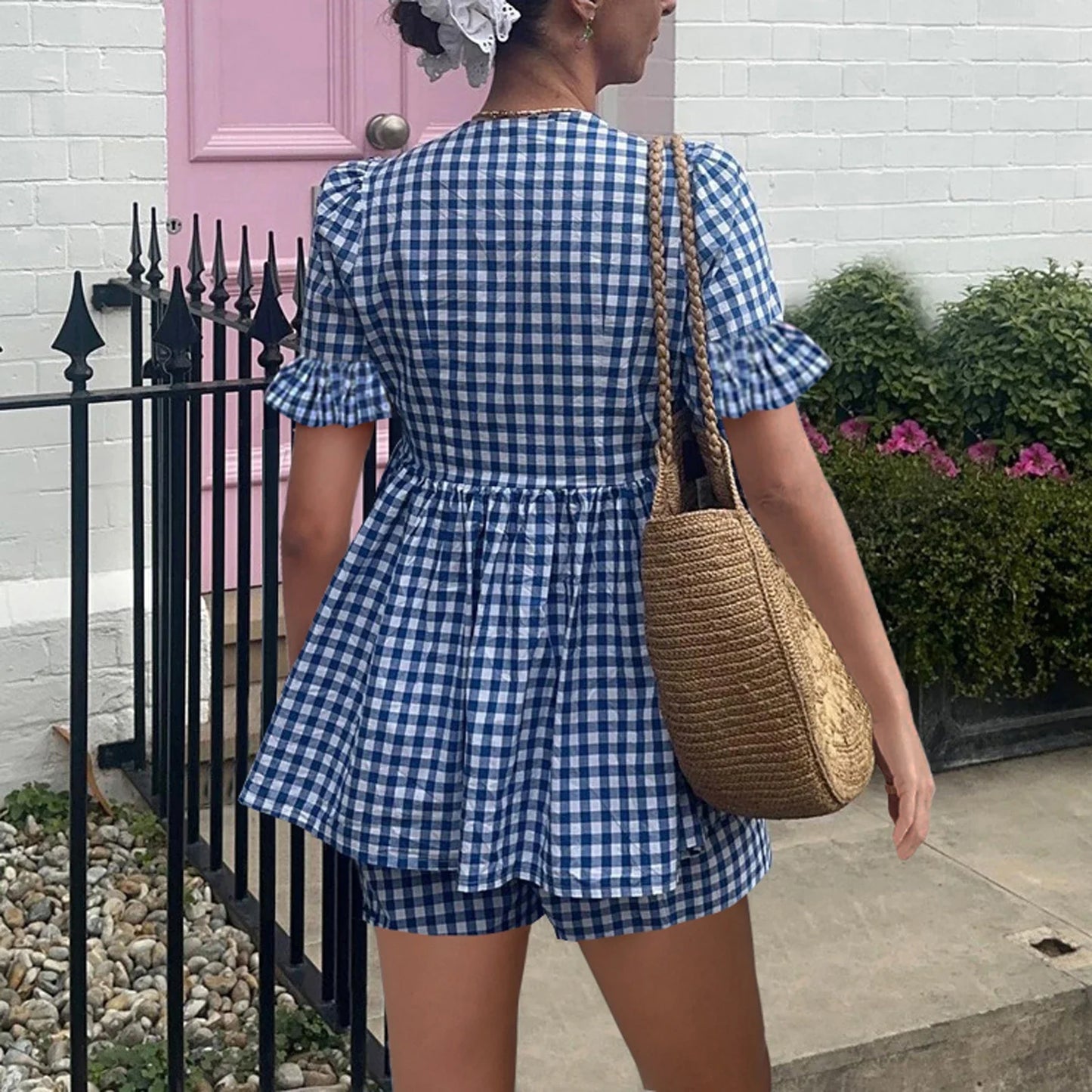 nvxiot - Women's Summer Plaid Outfits Ruffled Short Sleeve Tie-Up Front Peplum Tops with Elastic Waist Shorts Set Streetwear