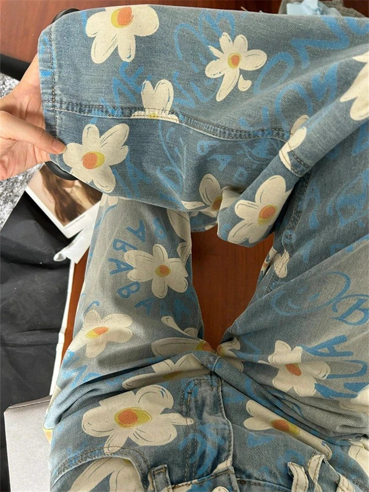 nvxiot - Women's Daisy Printed High Waisted Jeans Summer Street Cool Girl Bottoms Wide Legs Irregular Pants Female Baggy Denim Trousers