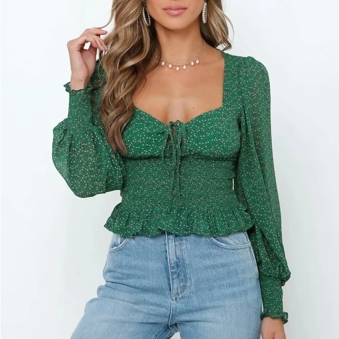 nvxiot - Women Summer Cottagecore Floral Print Blouse Shirt Indie Lace Up Tops Blouses Woman Long Sleeve Shirts Flower Green Tops 2024