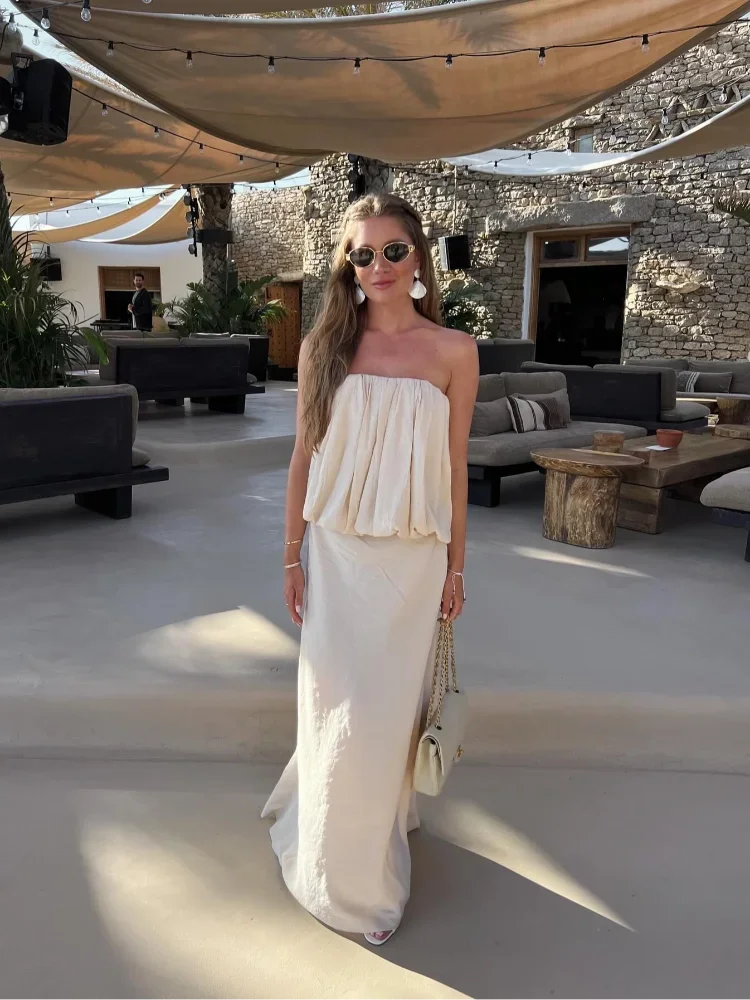 MQTIME - Folded Ruffles Strapless Top Women Suits Chic Sleeveless Short Top Maxi Skirt 2 Pieces Set 2024 Summer Lady Highstreet Outfits