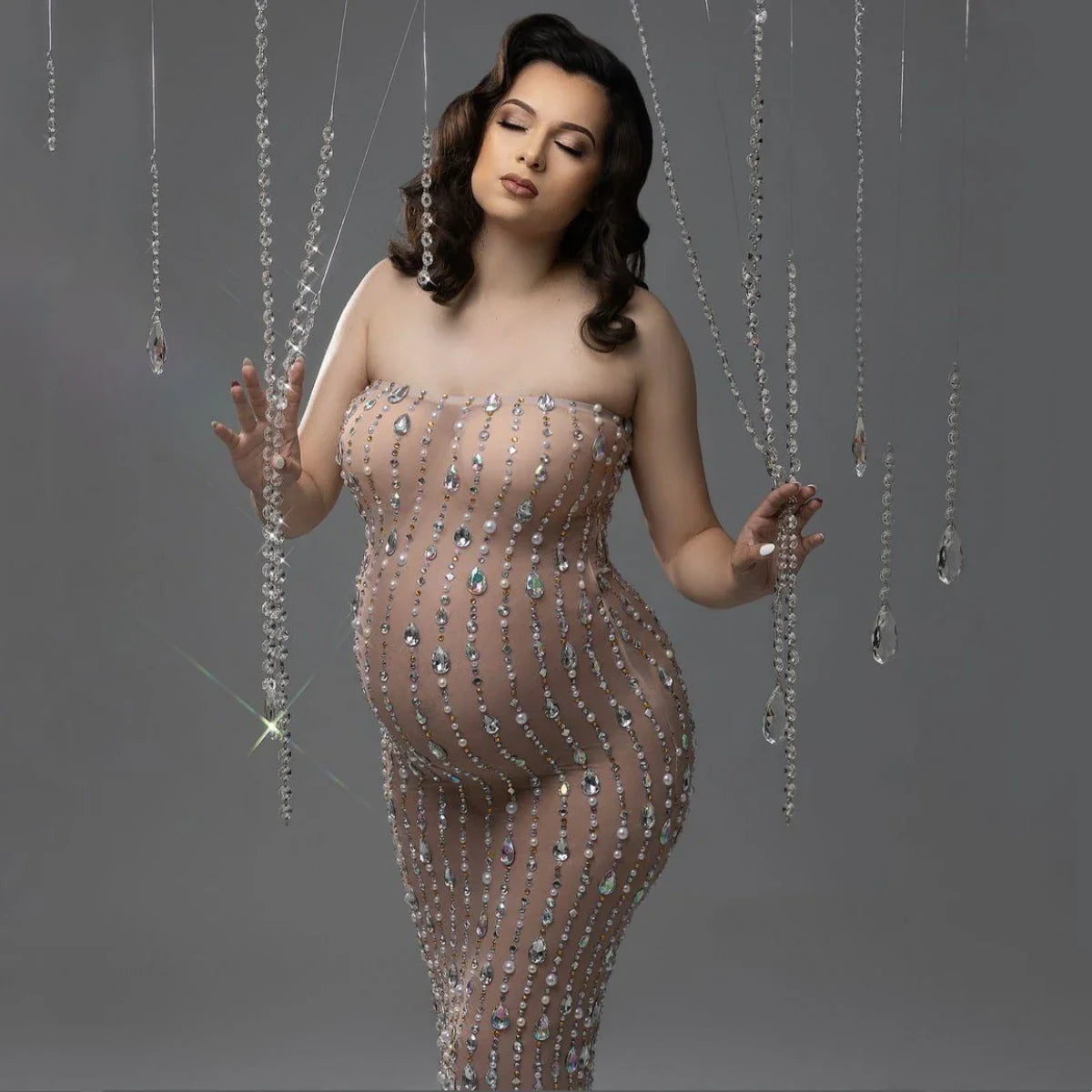 nvxiot - Rhinestone Bandeau Maternity Dress For Photo Shooting See Through Pregnant Woman Photography Outfit