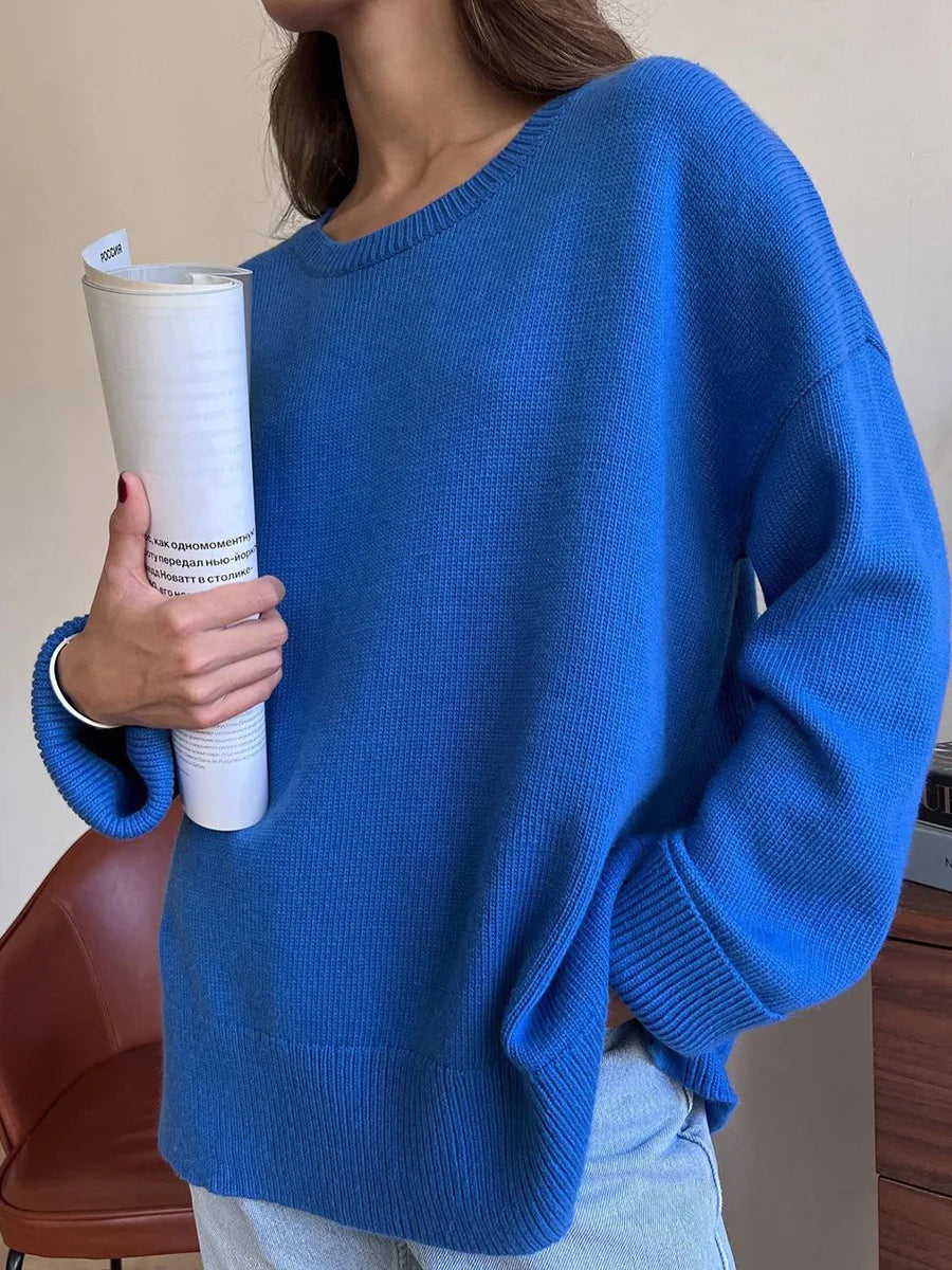 nvxiot Blue Basical O-Neck Slit Sweater Knitwear Women Autumn Long Sleeve Knitted Pullovers Loose-fit Casual Jumpers Clothing