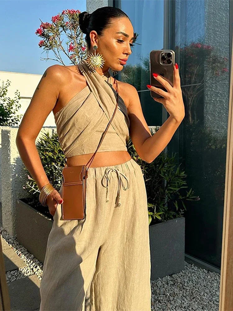 MQTIME - Casual Halter Tank Top Pants Set Women Sexy Sleveless Backless Cropped Top Drawstring Wide Leg Trouser 2024 Summer Women's Suit