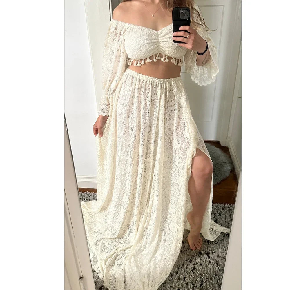nvxiot - Sexy Boho Maternity Photography Props Dress Hollow Lace Two Piece Set Split Dress Pregnant Dress Baby Shower Dress