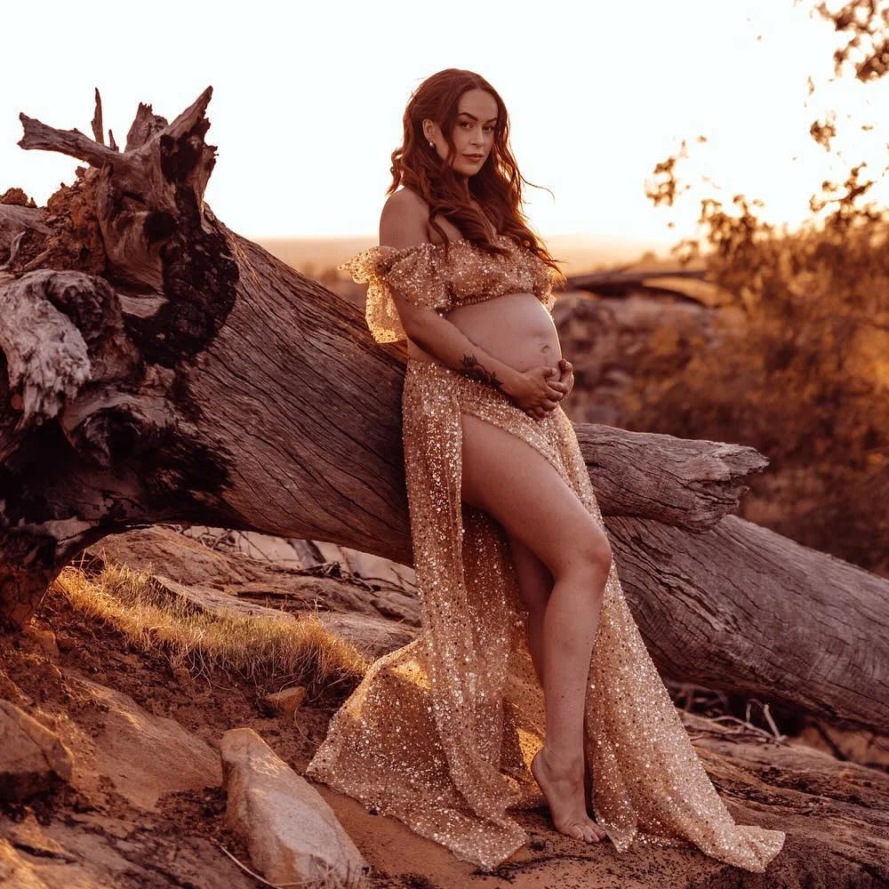 nvxiot - Golden Pearl Embroidered Hard Yarn Two Piece Set Photo Shoot Photography Dress For Women Maternity Photography Dresses