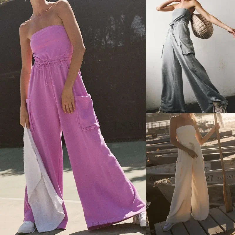MQTIME - Strapless Tube Jumpsuit Sleeveless Solid Color Adjustable Drawstring Playsuit Elastic Waistband Slouchy Wide Legs Romper YDL44