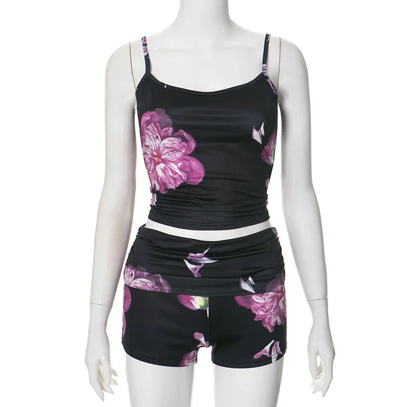 MQTIME - Flower Printed Shorts Sets For Women 2 Pieces Tank Top Fold Over Low Rise Short Pants Y2K Slim Outfit Summer Leisure Suit