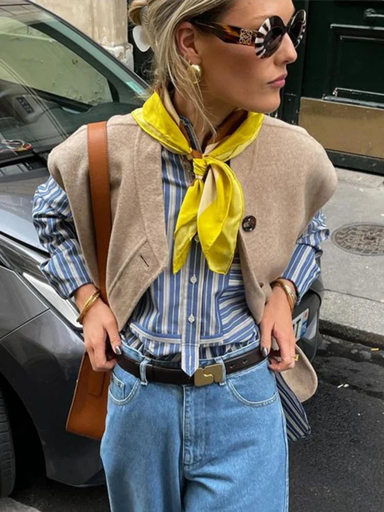 MQTIME - Vintage Single Breasted Vest for Women Spring Autumn Loose Sleeveless O-neck Pockets Waistcoat Jacket Female Fashion Streetwear
