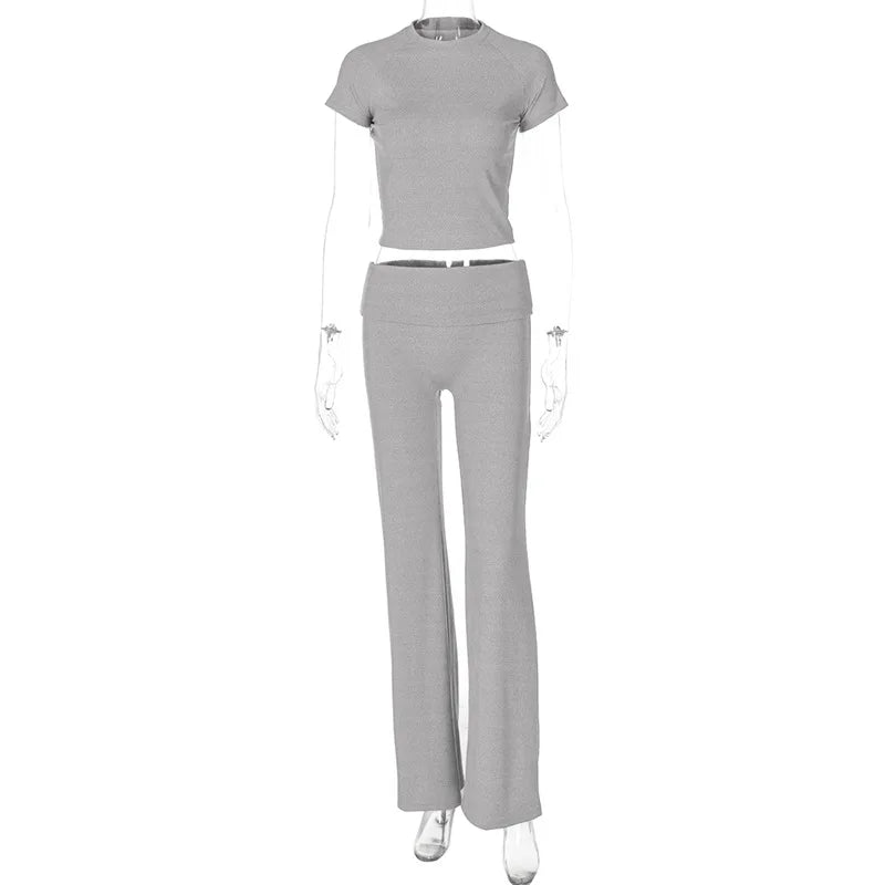 nvxiot - Women Solid Ribbed Tracksuits Summer Casual 2 Piece Set Short Sleeve T-shirts Crop Tops Folded Waist Slim Flare Pants Suits