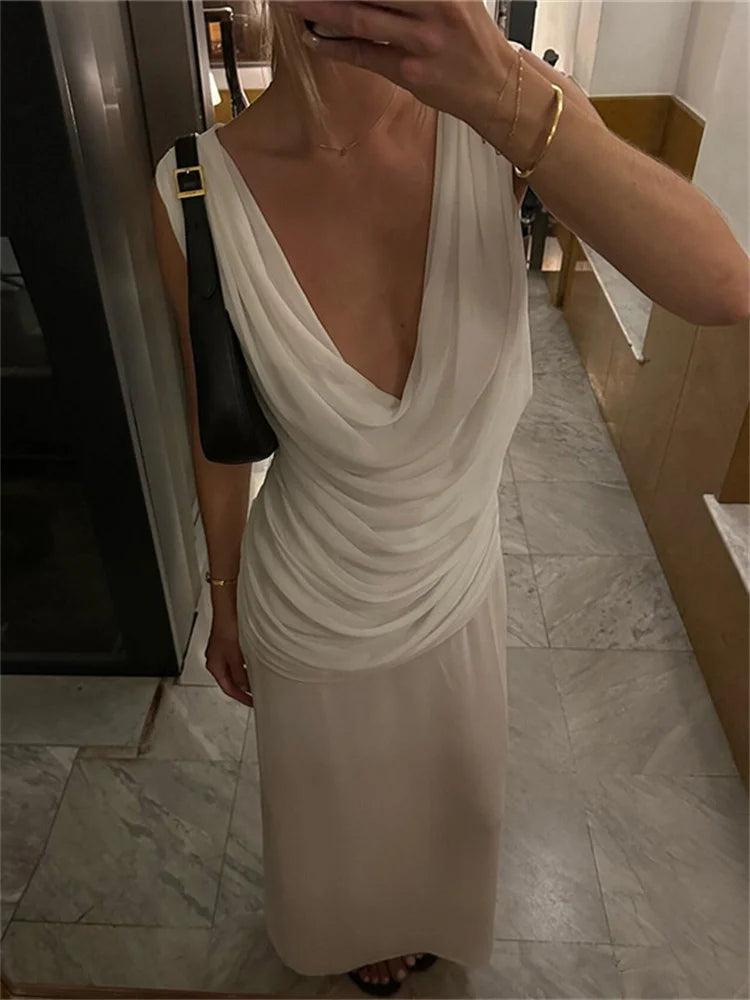 nvxiot - Sexy V-Neck 2 Piece-Set Long Skirt For Women Fashion Sleeveless Pullover And High Waist Maxi Skirt Sets Women's Outfits
