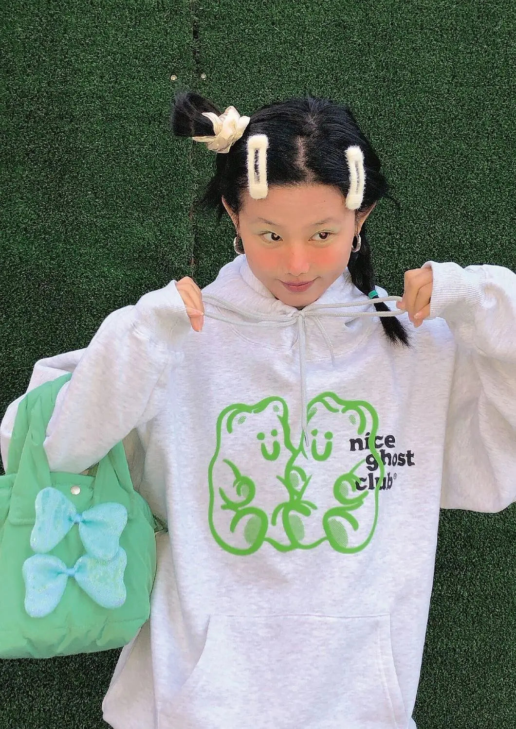 nvxiot - Harajuku Bow Tote Bag Women Vintage Sweet Cool Girls Casual Cute Hand Bag Ladies Fairycore Aesthetic Green Handbag