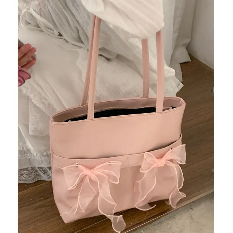 MQTIME - Fairycore Pink Y2k Shoulder Bags Women Hot Girls Bow Chic Large Capacity Handbag Ladies Harajuku Aesthetic Tote Bag 2024