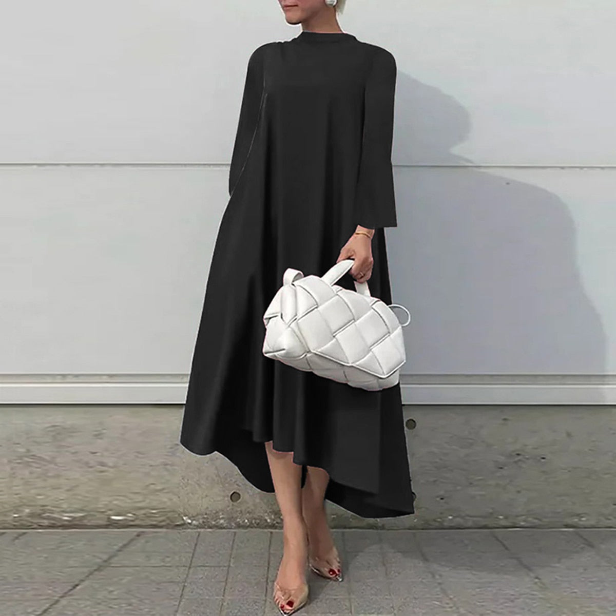 nvxiot Fashion Female Dress Simple Long Sleeves High-Low Lace-up Solid Color Elegant Casual Maxi Dresses for Women New