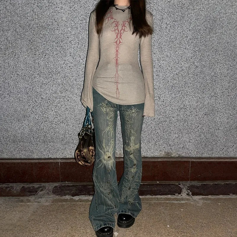 nvxiot - Grunge Tattoo Print Jeans Vintage Distressed Flare Jeans Japanese Y2k Laser Denim Pants Boyfriend Mopping Jeans Harajuku