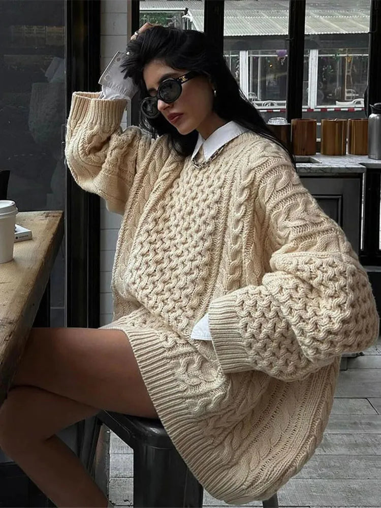 MQTIME - Women Overtised Loose Solid Long Sleeve Knit Cardigan Elegant O Neck Short Sweaters 2024 Autumn Lady High Streetwear