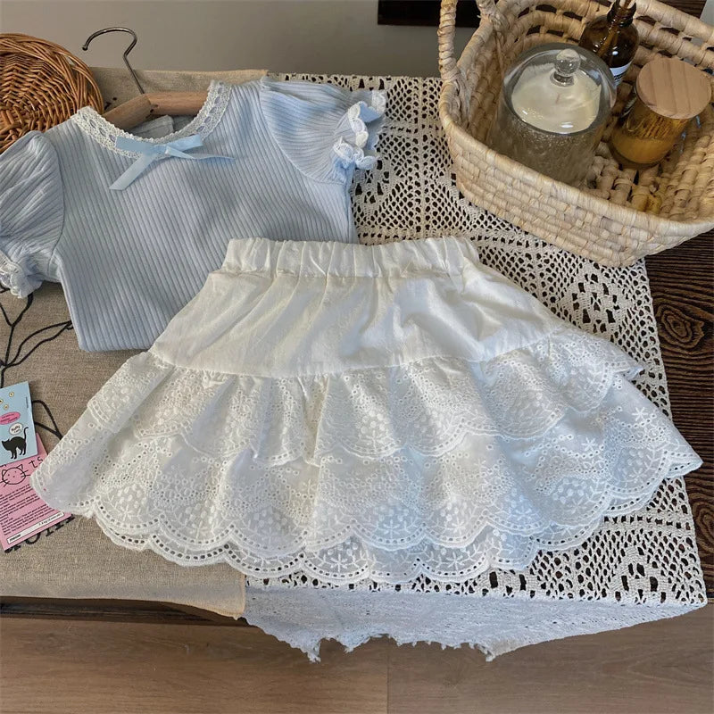 MQTIME - 2024 Summer 2-6Y Girl Clothes Set Cotton Ribbed Knotbow Ruffle Sleeve Kid Girl Top Suit Lace Elastic Waist Skirt Kid Girl Outfit
