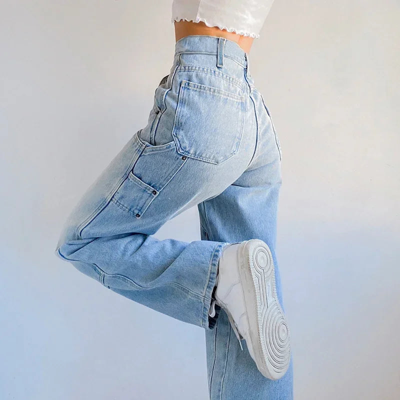 nvxiot - Women's Autumn New Casual Straight Denim Pants 2024 Baggy Jeans Mom Fit High Waist Loose Light Blue Jean Pocket Patchwork Female