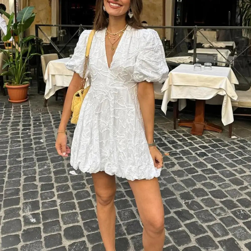 MQTIME - Solid Floral Embroidered Voluminous Mini Dress V-Neck Puff Sleeve White Tutu Mini Dress Woman Elegant Party Holiday Wear