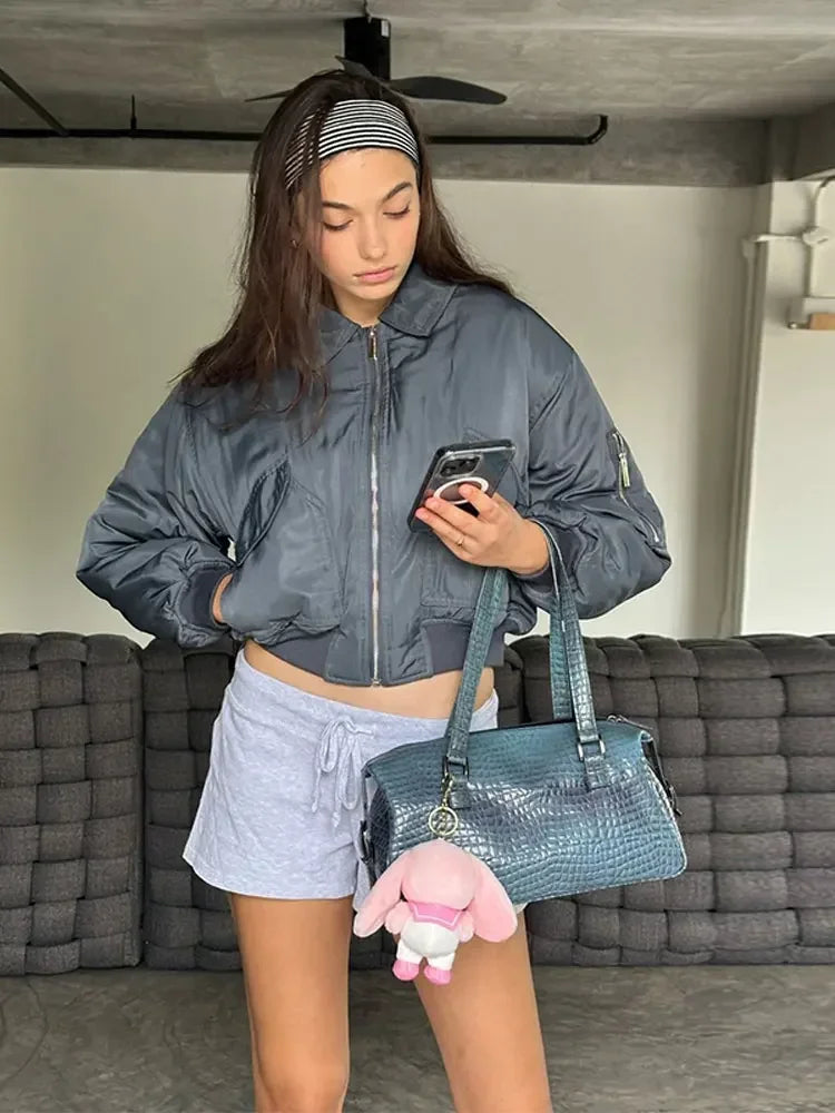 MQTIME - Women Lapel Zipper Pocket Solid Bomber Jacket Fashion Casual Long Sleeves Padded Coat 2024 Autumn Winter Female Street Outwear