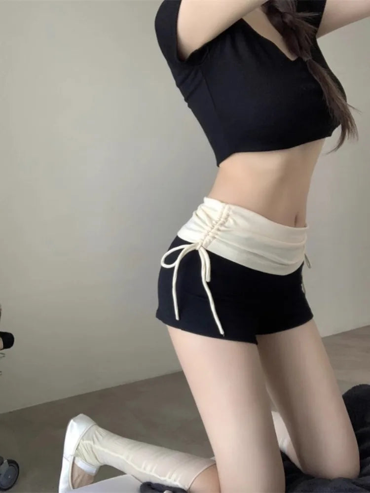 MQTIME - Sport Contrast Patchwork Shorts for Women Lace Up Shirring Elastic High Waist Short Pants Sexy Girl Tight Shorts Summer