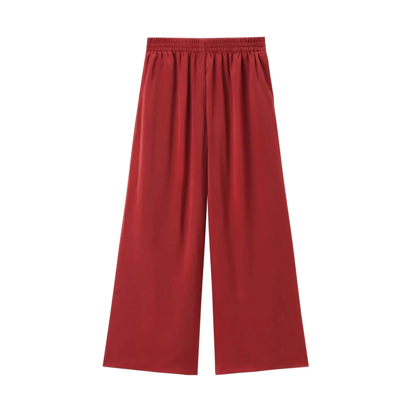 MQTIME - Summer Holiday Women Fashion Solid Elastic Waist Wide Leg Pants Female Casual Slim Side Pockets Folds Decorate Trousers