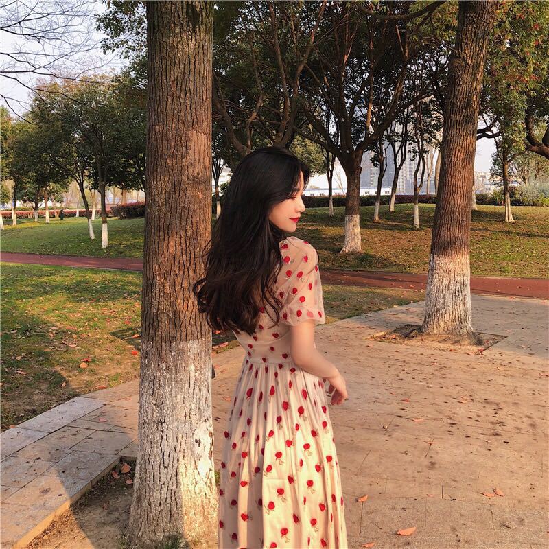 nvxiot Summer Strawberry Dress Embroidery Sexy Square Collar Midi Dresses Casual Short Sleeve Beach Party Dress Femme Vestidos Robe