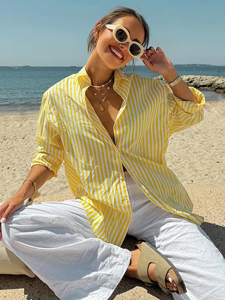 MQTIME - Casual Striped Shirt Pants Sets For Women 2 Pieces Loose Lapel Long Sleeve Single Breasted Top Drawstring Wide Leg Trousers Suit