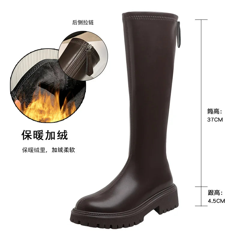 nvxiot - Women's Long Boots Autumn/Winter Thick Sole Round Toe Fashion Versatile Inner Heightening British Brown Knight Boots Women