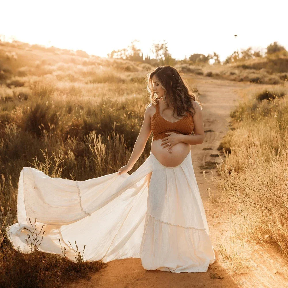 nvxiot - Maternity Photography Props Outfit Pregnancy Cotton Long Skirt&knitted Top For Photo Shoot Set Wilderness Style Maternity Dress