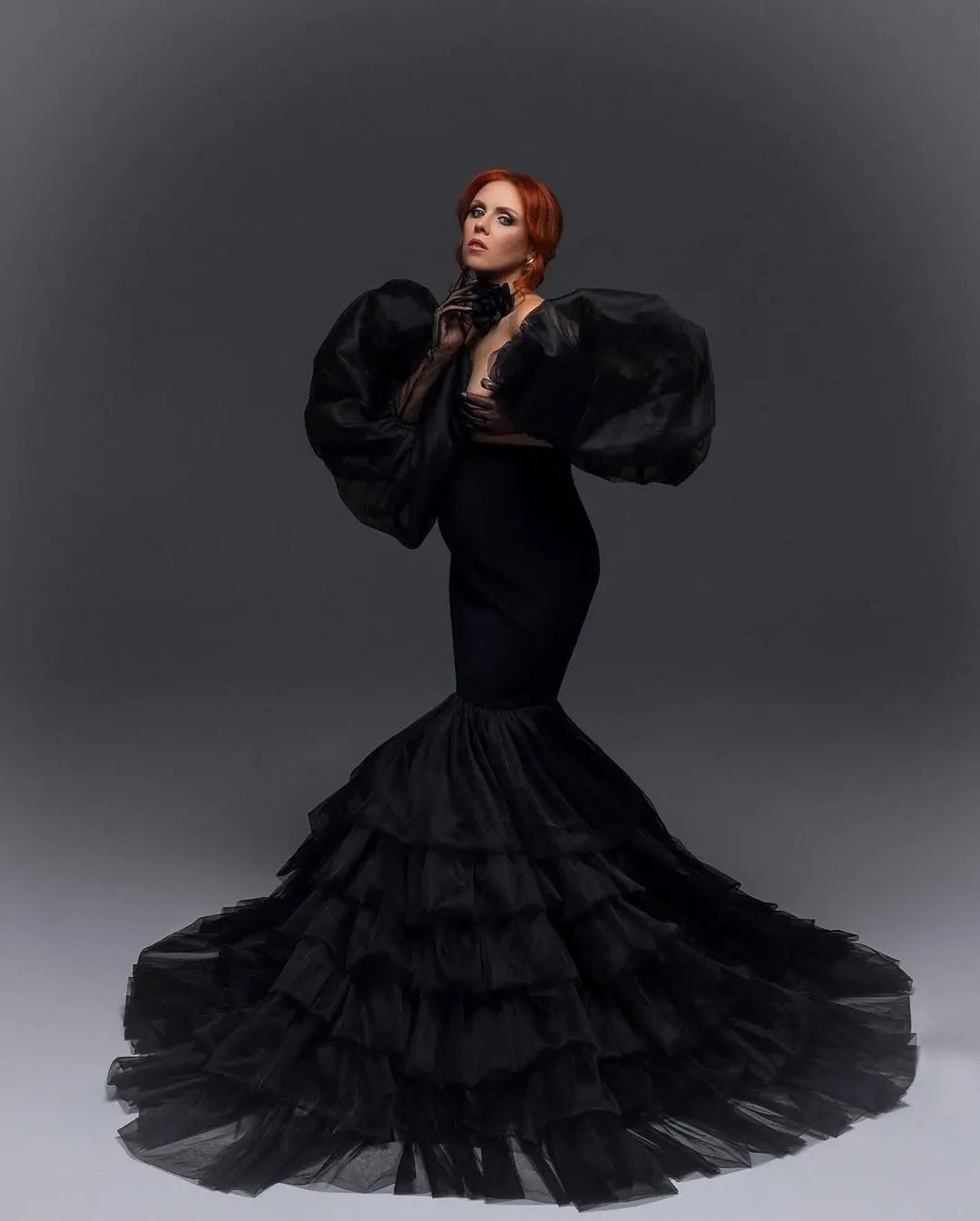 nvxiot - Pretty Black Mermaid Maternity Dresses for Pregnancy Women Puff Sleeves Tiered Tulle Maternity Photoshoot Dress Babyshower Gowns