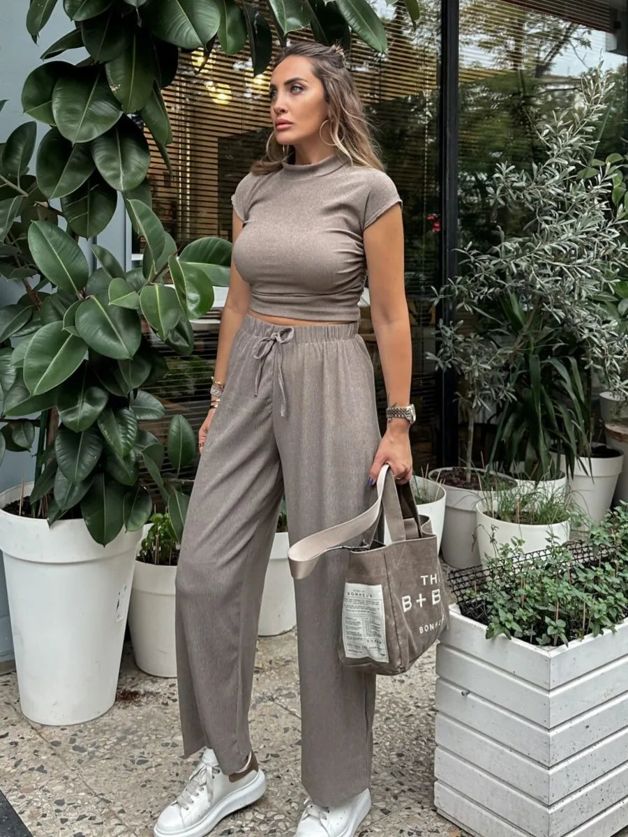 nvxiot - 2024 New Solid Casual Pants Sets Women Spring Summer Side Drawstring Cropped Tops+high Waist Trouser Suits Fashion Chic Outfits