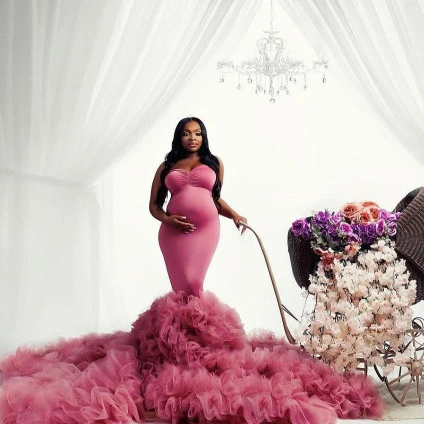 MQTIME - Gorgeous Pink Mermaid Maternity Gown Photography Dresses Strapless Puffy Ruffled Tulle Pregnancy Maternity Dress Stretchy Custom