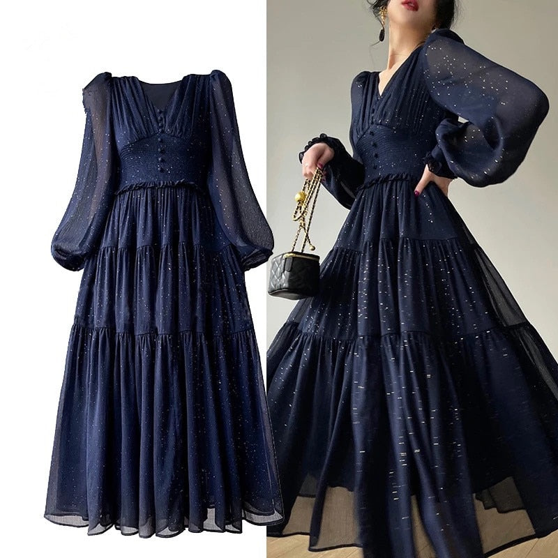 nvxiot New Spring Summer Clothing Elegant Designer Dresses For Women V Neck Long Sleeved High Waist Big Swing Dress