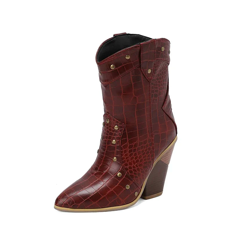 MQTIME - 2024 new autumn winter women ankle boots plus size 22-28cm pu upper pointed toe metal rivet high heel western boots