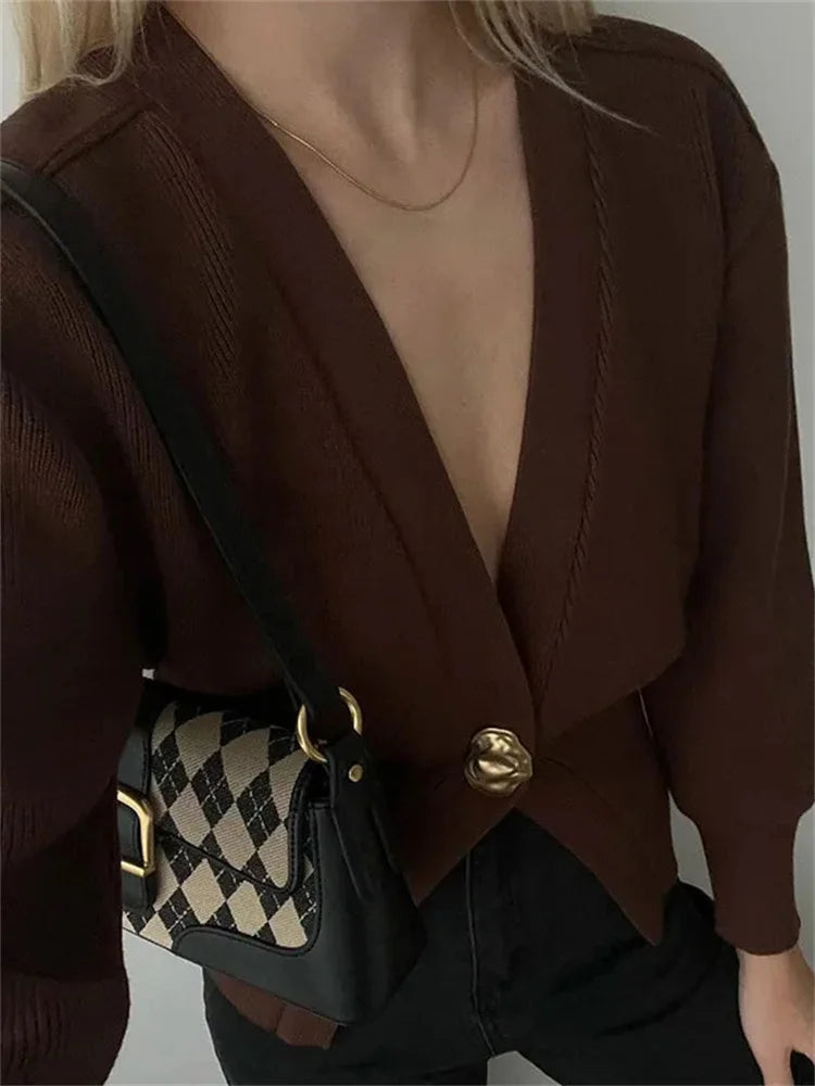 nvxiot - Knitwear V-Neck Cardigan Coat For Women Long Sleeve Fashion Autumn 2024 Elegant Cropped Outwear Knit Women's Cardigan Top