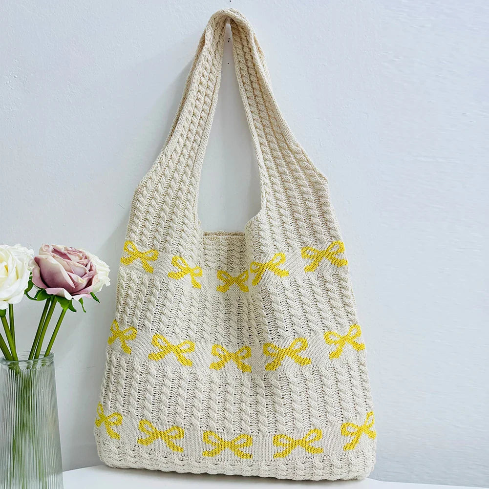 nvxiot - Knitted Handbags Large Capacity Bow Pattern Crochet Tote Bag Bow Pattern Crochet Tote Bag Multifunctional Knitted Shopping Bag