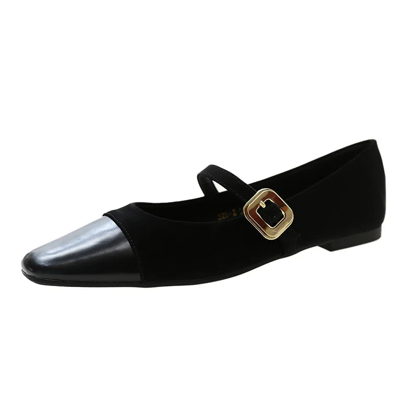 MQTIME - Women's Flats Patchwork Mary Janes Shoes Square Buckle Designer Shoes for Female Spring Autumn Girls Princess Leather Shoe 1755N