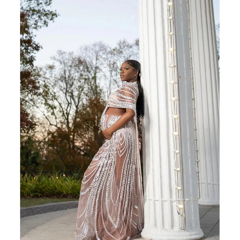 nvxiot - Maternity Photography Props Dress Pregnant Woman Photo Shoot Outfit Long Dresses Sexy Goddess Shiny Rhinestone Sequins Cape