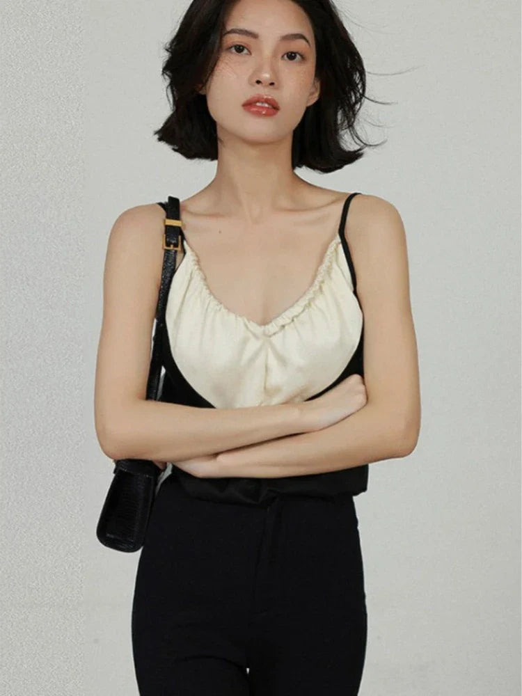 MQTIME - Elegant Satin Crop Top Women Black White Contrast Patchwork Backless Camis Office Lady V-neck Casual Halter Tops Summer