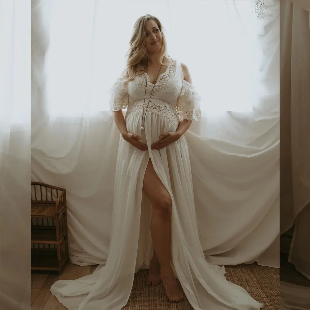nvxiot - Maternity Photography Props Dress V-neck Embroidered Cotton Lace&Chiffon Dress Photo Shoot Photography Dress For Women