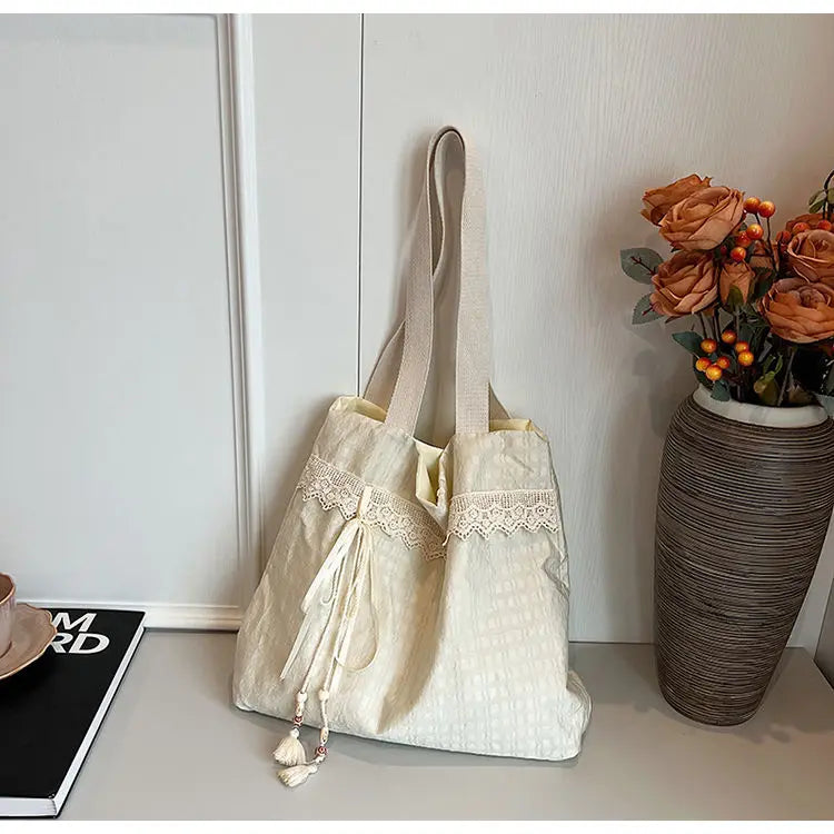 nvxiot - Harajuku Beige Canvas Shoulder Bags Women Vintage Lace Large Capcity Tote Bag Purse Female Versatile Casual Handbag Y2k