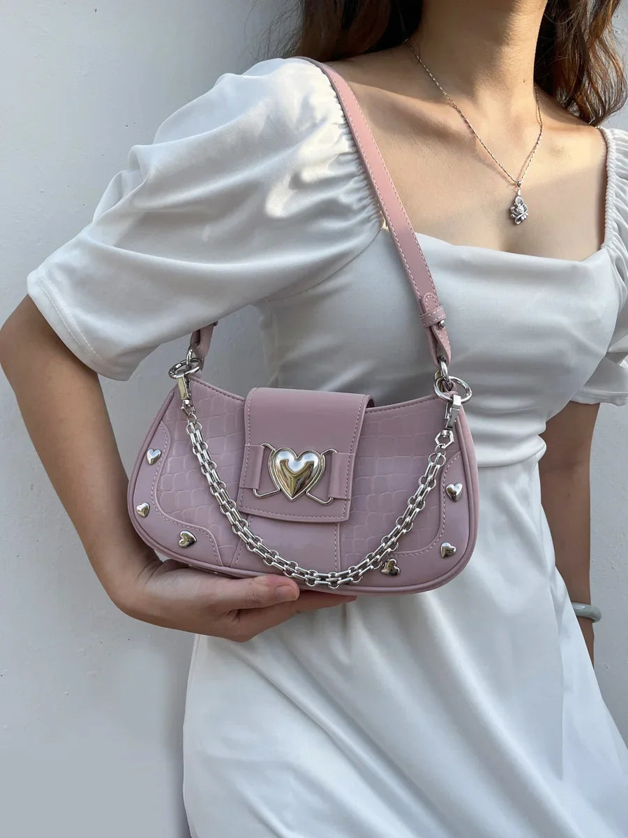 nvxiot - Hot Grils Y2k Handbag Women Vintage Sweet Cool Heart Chain Pink Underarm Bag Female Fairycore Aesthetic Shoulder Bag new